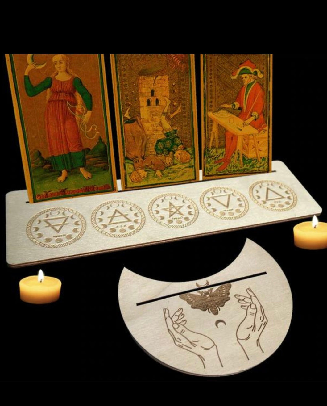 Tarot/Oracle Card Wooden Display Set – Moon Phase Butterfly