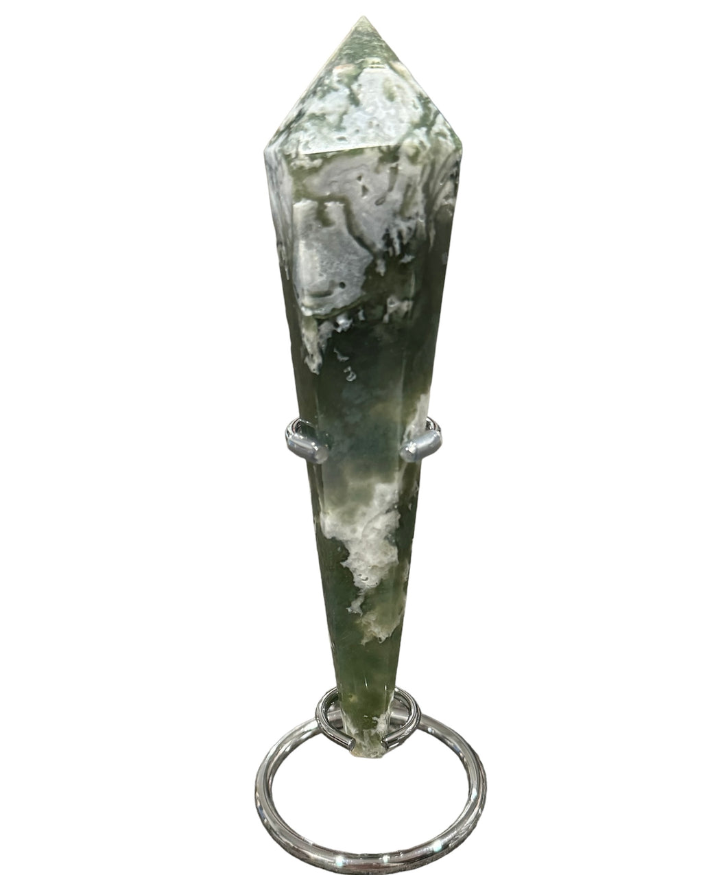 Moss Agate Wand On Stand