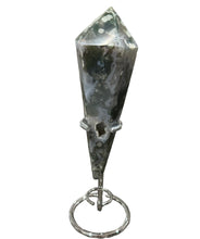 Load image into Gallery viewer, Moss Agate Wand On Stand
