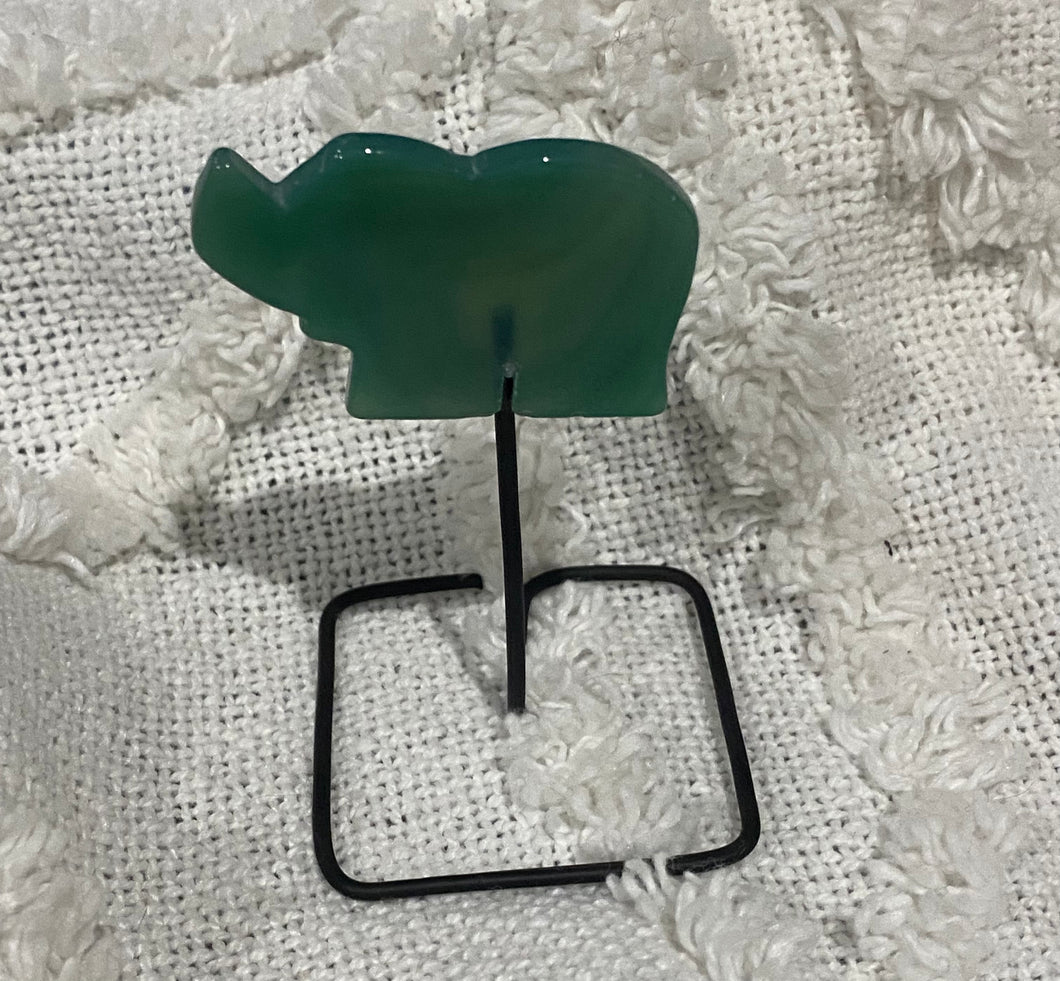 Green Agate Elephant on Metal Stand